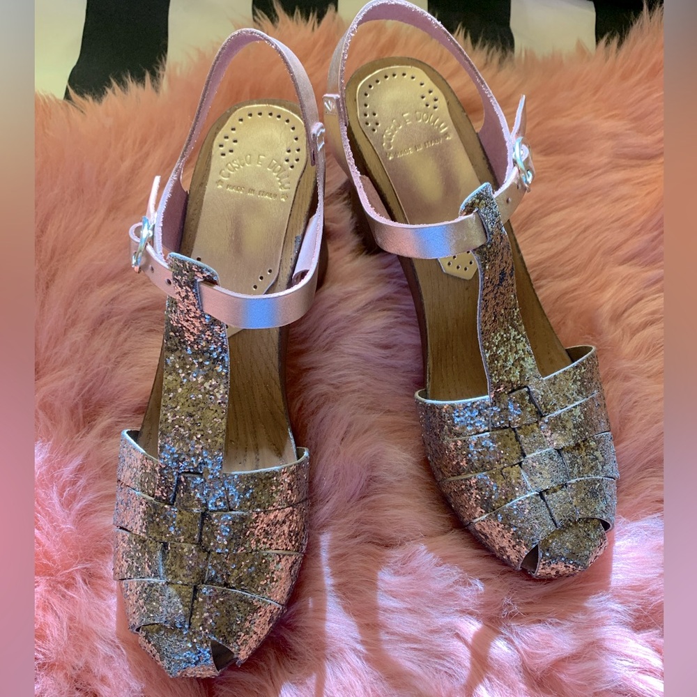 ✨Rose gold glittery leather & wood clog sandals made in Italy magical wedding